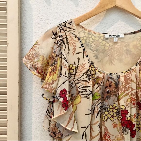Daniel Rainn Semi Sheer Flowy Ruffle Sleeve Floral Top, lined, M GUC - Picture 2 of 8
